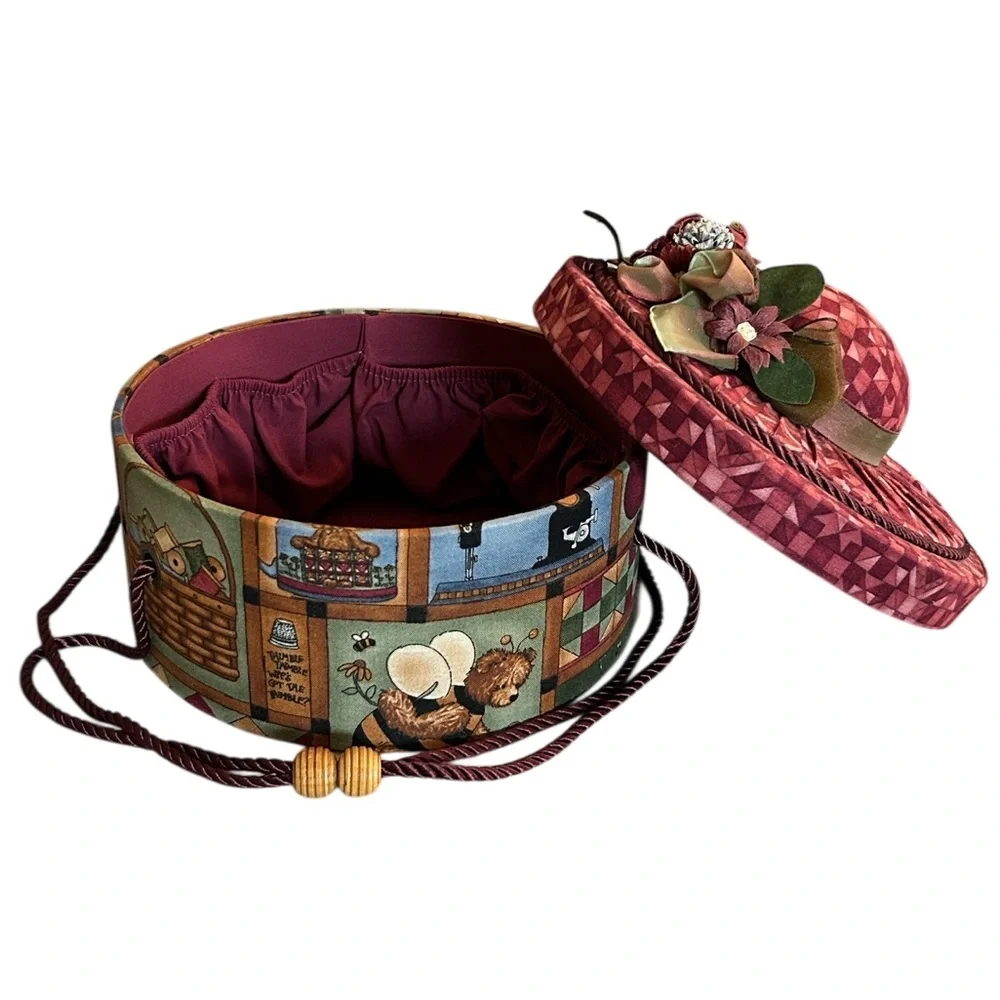 Vintage Fabric Covered Hat Box Shape Sewing Basket Organizer with Floral Accent